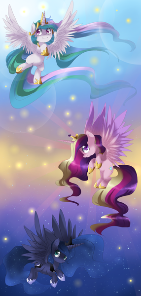 Size: 1372x2880 | Tagged: safe, artist:loyaldis, derpibooru import, princess cadance, princess celestia, princess luna, alicorn, pony, female, filly, flying, happy, mare, princess, smiling, spread wings, wings, younger