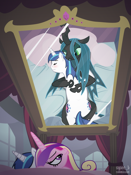 Size: 960x1280 | Tagged: questionable, semi-grimdark, artist:syoee b, derpibooru import, princess cadance, queen chrysalis, shining armor, alicorn, changeling, changeling queen, pony, unicorn, afterglow, aftersex, bad end, bed, bedroom, bedroom eyes, blushing, creepy, disguise, disguised changeling, eyes closed, fake cadance, fangs, female, femdom, hug, image, implied rape, implied sex, interspecies, male, malesub, mirror, missionary position, on back, on top, png, prone, queen chrysalis raping shining armor, rape by deception, show accurate, show accurate porn, sleeping, slit eyes, smiling, softcore, stallion, straight, submissive, wavy mouth