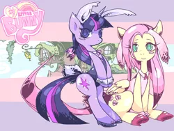 Size: 1024x768 | Tagged: safe, artist:moyamoya kuroi, derpibooru import, fluttershy, twilight sparkle, pegasus, pony, unicorn, bipedal, blushing, bunny suit, bunnyshy, clothes, cufflinks, cuffs (clothes), duo, female, leotard, looking at you, mare, pixiv, sitting, standing