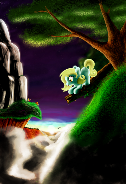 Size: 1368x2000 | Tagged: safe, artist:clutterdrop, derpibooru import, oc, oc:morningdew, unofficial characters only, bird, earth pony, pony, face down ass up, female, filly, flower, looking down, mountain, scenery, smiling, solo, sun, tree