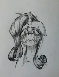 Size: 655x859 | Tagged: safe, artist:discommunicator, derpibooru import, rarity, pony, unicorn, bust, crying, female, floppy ears, frown, grayscale, gritted teeth, looking at you, mare, monochrome, pencil drawing, portrait, sad, solo, traditional art