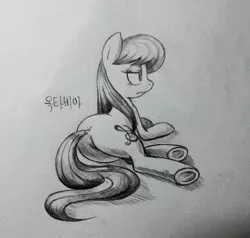 Size: 837x796 | Tagged: safe, artist:discommunicator, derpibooru import, octavia melody, earth pony, pony, female, frown, grayscale, mare, monochrome, pencil drawing, plot, prone, rear view, solo, traditional art, underhoof