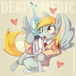 Size: 1000x1000 | Tagged: safe, artist:5-cm, artist:jopiter, derpibooru import, derpy hooves, pegasus, pony, blushing, crossover, cute, derpabetes, female, giant syringe, happy, heart, hoof hold, looking at you, mare, medic, necktie, smiling, solo, speech bubble, spread wings, syringe, team fortress 2, wings