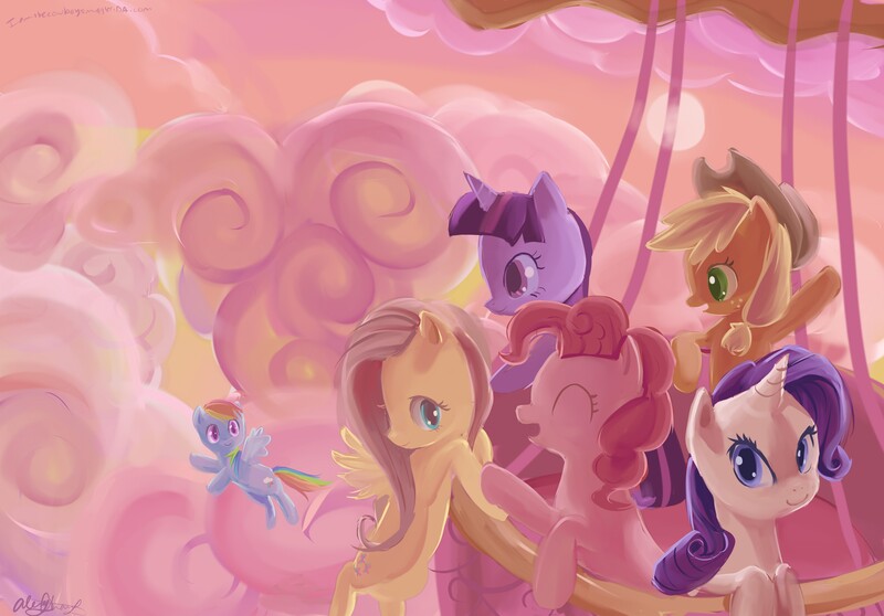 Size: 3838x2675 | Tagged: dead source, safe, artist:iamthecowboysmuggler, derpibooru import, applejack, fluttershy, pinkie pie, rainbow dash, rarity, twilight sparkle, earth pony, pegasus, pony, unicorn, cloud, cloudy, cute, dashabetes, diapinkes, eyes closed, female, flying, freckles, hanging, hat, high res, hot air balloon, jackabetes, looking at you, looking back, mane six, mare, open mouth, raribetes, shyabetes, signature, sky, smiling, spread wings, twiabetes, twinkling balloon, wings