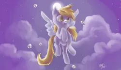 Size: 3501x2028 | Tagged: safe, artist:iamthecowboysmuggler, derpibooru import, derpy hooves, pegasus, pony, bubble, cloud, female, flying, high res, mare, moon, solo