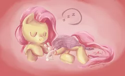 Size: 3501x2139 | Tagged: safe, artist:iamthecowboysmuggler, derpibooru import, angel bunny, fluttershy, pegasus, pony, rabbit, blanket, crossed arms, duo, eyes closed, female, high res, male, mare, pet, signature, sleeping, smiling, zzz