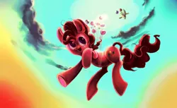 Size: 3600x2200 | Tagged: safe, artist:iamthecowboysmuggler, derpibooru import, gummy, pinkie pie, alligator, earth pony, pony, balloon, cloud, duo, female, flying, happy, high res, looking at you, male, mare, open mouth, pet, sky, smiling, sun, then watch her balloons lift her up to the sky, underhoof