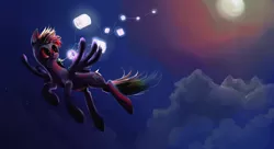 Size: 3400x1850 | Tagged: safe, artist:iamthecowboysmuggler, derpibooru import, rainbow dash, pegasus, pony, cloud, female, flying, lantern, looking back, mare, moon, mouth hold, night, sky, solo, spread wings, stars, wings