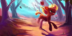 Size: 4000x2000 | Tagged: safe, artist:iamthecowboysmuggler, derpibooru import, applejack, earth pony, pony, absurd resolution, backlighting, female, floppy ears, forest, freckles, hat, looking at you, mare, running, smiling, solo, tree