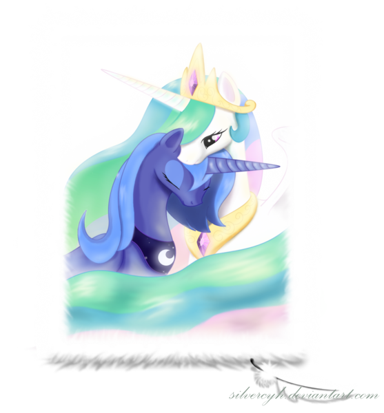 Size: 1207x1301 | Tagged: safe, artist:zymonasyh, derpibooru import, princess celestia, princess luna, alicorn, pony, feather, female, mare, neck nuzzle, nuzzling, princess, s1 luna