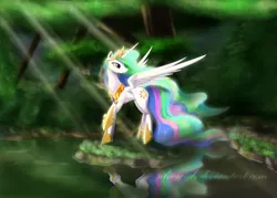 Size: 1529x1095 | Tagged: safe, artist:zymonasyh, derpibooru import, princess celestia, alicorn, pony, beautiful, crepuscular rays, crown, cute, ethereal mane, female, forest, grass, hoof shoes, jewelry, lidded eyes, looking back, majestic, mare, nature, necklace, praise the sun, pretty, raised hoof, reflection, regalia, smiling, solo, spread wings, water, wings