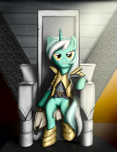 Size: 1000x1300 | Tagged: dead source, safe, artist:easteu, derpibooru import, lyra heartstrings, pony, unicorn, bipedal, clothes, crossover, featureless crotch, female, gimp, jarl, looking at you, newbie artist training grounds, sitting, skyrim, solo, the elder scrolls, throne