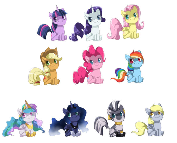 Size: 2000x1611 | Tagged: safe, artist:loyaldis, derpibooru import, applejack, derpy hooves, fluttershy, pinkie pie, princess celestia, princess luna, rainbow dash, rarity, twilight sparkle, zecora, alicorn, earth pony, pegasus, pony, unicorn, chibi, colored pupils, female, happy, mare, princess, simple background, sitting, smiling, transparent background