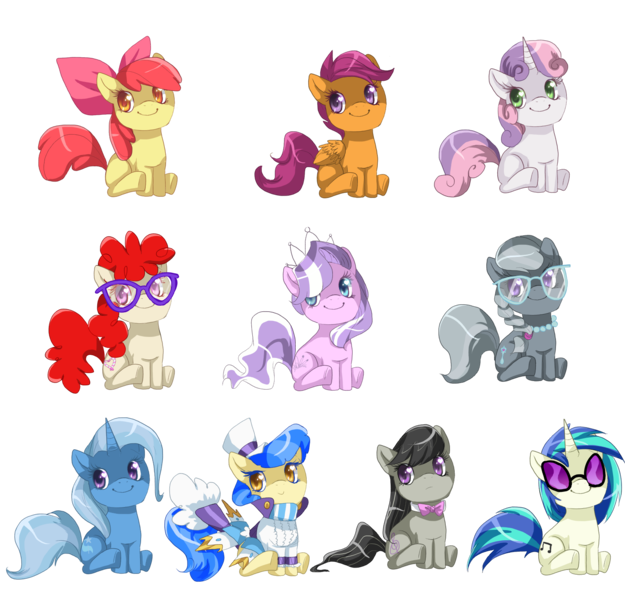 Size: 1600x1537 | Tagged: safe, artist:loyaldis, derpibooru import, apple bloom, diamond tiara, octavia melody, sapphire shores, scootaloo, silver spoon, sweetie belle, trixie, twist, vinyl scratch, earth pony, pegasus, pony, unicorn, bow, bowtie, chibi, clothes, cutie mark crusaders, female, filly, glasses, happy, jewelry, mare, simple background, sitting, smiling, tiara, transparent background