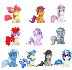 Size: 1600x1537 | Tagged: safe, artist:loyaldis, derpibooru import, apple bloom, diamond tiara, octavia melody, sapphire shores, scootaloo, silver spoon, sweetie belle, trixie, twist, vinyl scratch, earth pony, pegasus, pony, unicorn, bow, bowtie, chibi, clothes, cutie mark crusaders, female, filly, glasses, happy, jewelry, mare, simple background, sitting, smiling, tiara, transparent background