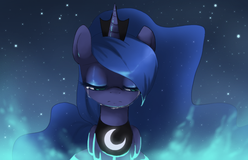 Size: 1018x658 | Tagged: dead source, safe, artist:loyaldis, derpibooru import, princess luna, alicorn, pony, bust, crying, eyes closed, female, horn, jewelry, lidded eyes, mare, night, portrait, regalia, sad, solo, standing, stars, tiara