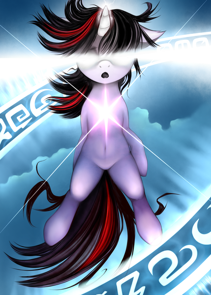 Size: 1000x1400 | Tagged: safe, artist:rainbow, derpibooru import, twilight sparkle, pony, unicorn, bipedal, cloud, female, g4, glowing eyes, magic, mare, runes, solo