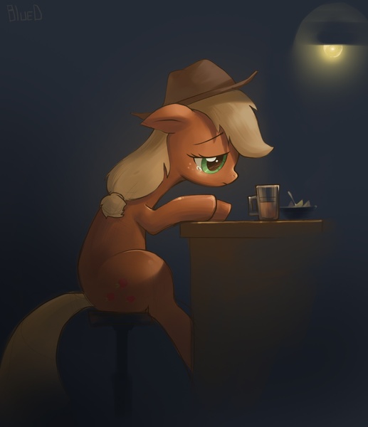 Size: 1551x1800 | Tagged: safe, artist:bluedrg19, derpibooru import, applejack, earth pony, pony, 2012, alcohol, alcoholism, applejack's hat, bar, bar stool, cowboy hat, crying, cutie mark, dark, depression, drink, feels, female, food, glass, hat, image, jpeg, mare, sad, sitting, solo, teary eyes, unhapplejack