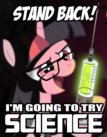 Size: 353x452 | Tagged: safe, artist:don-ko, derpibooru import, edit, twilight sparkle, pony, unicorn, cthulhu mythos, female, glasses, glow, herbert west, image macro, lovecraft, mad scientist, mare, meme, needle, paint.net, re-animator, science, solo, stand back i'm going to try science, syringe