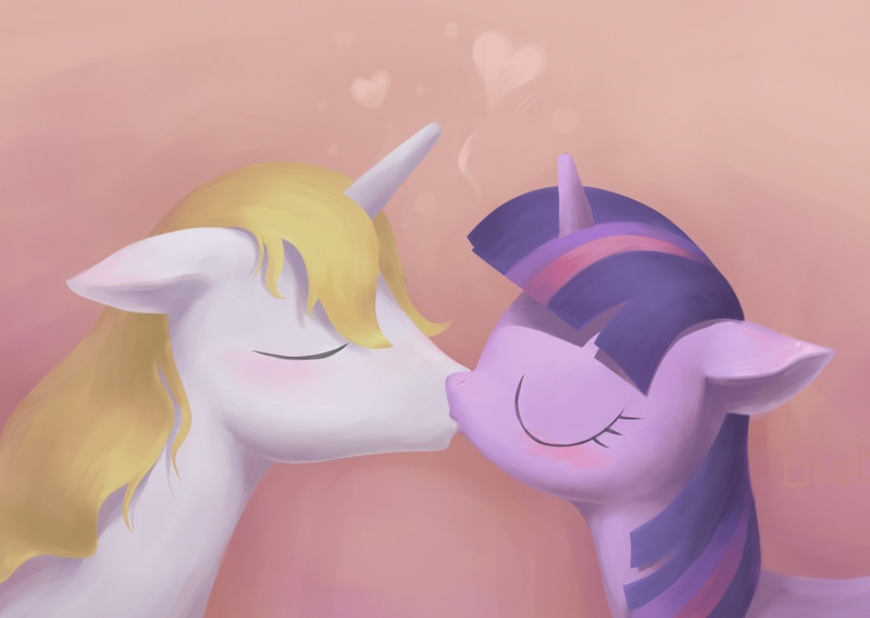 Size: 2000x1420 | Tagged: safe, artist:bluedrg19, derpibooru import, prince blueblood, twilight sparkle, pony, unicorn, blushing, eyes closed, female, floppy ears, heart, kissing, love, male, mare, shipping, stallion, straight, twiblood