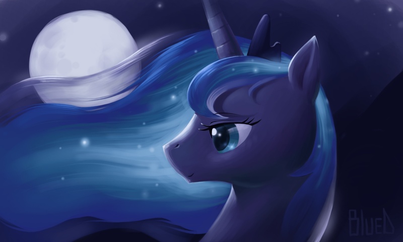 Size: 2000x1200 | Tagged: safe, artist:bluedrg19, derpibooru import, princess luna, alicorn, pony, bust, female, full moon, horn, image, jewelry, jpeg, mare, moon, portrait, profile, regalia, smiling, solo, tiara