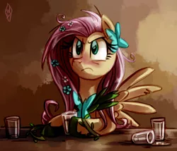 Size: 760x650 | Tagged: safe, artist:whitediamonds, derpibooru import, fluttershy, pegasus, pony, abstract background, alcohol, angry, blushing, clothes, dress, drunk, drunkershy, female, flower, flower in hair, gala dress, glass, mare, shot glass, solo