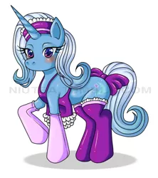 Size: 554x625 | Tagged: dead source, safe, artist:niutea, derpibooru import, trixie, pony, unicorn, blushing, clothes, female, maid, mare, simple background, solo, watermark
