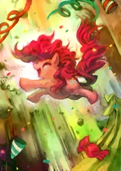 Size: 1240x1753 | Tagged: dead source, safe, artist:ouroporos, derpibooru import, pinkie pie, earth pony, pony, candy, celebration, confetti, eyes closed, falling, female, happy, mare, solo