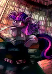 Size: 1240x1753 | Tagged: dead source, safe, artist:ouroporos, derpibooru import, twilight sparkle, pony, unicorn, book, female, library, mare, pile, quill, sitting, solo