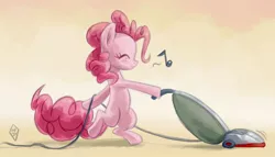Size: 978x560 | Tagged: safe, artist:whitediamonds, derpibooru import, pinkie pie, earth pony, pony, bipedal, cute, diapinkes, eyes closed, female, happy, mare, music notes, solo, vacuum cleaner