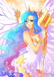 Size: 705x1000 | Tagged: artist:kaminary-san, bracelet, clothes, derpibooru import, dress, earring, female, horned humanization, human, humanized, looking at you, princess celestia, safe, smiling, solo, spread wings, staff, winged humanization