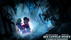 Size: 1920x1080 | Tagged: safe, artist:m24designs, derpibooru import, pinkie pie, twilight sparkle, earth pony, pony, unicorn, alley, bubble pipe, crossover, detective, female, hat, mare, sherlock holmes, wallpaper