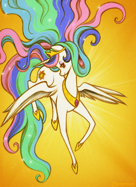 Size: 600x826 | Tagged: safe, artist:christinies, derpibooru import, princess celestia, alicorn, pony, female, flying, mane, mare, profile, solo, sun