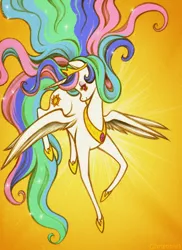 Size: 600x826 | Tagged: safe, artist:christinies, derpibooru import, princess celestia, alicorn, pony, female, flying, mane, mare, profile, solo, sun