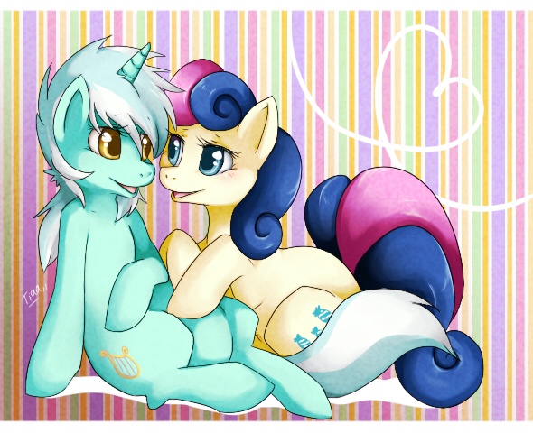 Size: 590x480 | Tagged: safe, artist:mr-tiaa, derpibooru import, bon bon, lyra heartstrings, sweetie drops, earth pony, pony, unicorn, abstract background, female, happy, lesbian, lyrabon, mare, shipping