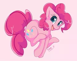 Size: 642x511 | Tagged: safe, artist:mr-tiaa, derpibooru import, pinkie pie, earth pony, pony, female, happy, jumping, looking at you, mare, simple background, solo