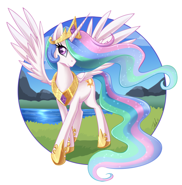 Size: 900x916 | Tagged: safe, artist:metalpandora, derpibooru import, princess celestia, alicorn, pony, abstract background, crown, cute, cutelestia, female, hoof shoes, jewelry, lake, mare, partial background, princess, regalia, river, simple background, solo, spread wings, transparent background, wings