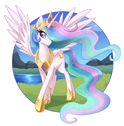 Size: 900x916 | Tagged: safe, artist:metalpandora, derpibooru import, princess celestia, alicorn, pony, abstract background, crown, cute, cutelestia, female, hoof shoes, jewelry, lake, mare, partial background, princess, regalia, river, simple background, solo, spread wings, transparent background, wings