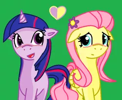 Size: 636x522 | Tagged: dead source, safe, artist:zaikersonic42, derpibooru import, fluttershy, twilight sparkle, pegasus, pony, unicorn, blushing, female, flower, flower in hair, folded wings, green background, hearth, lesbian, looking at each other, mare, shipping, simple background, twishy, unicorn twilight