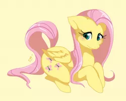 Size: 568x457 | Tagged: safe, artist:mr-tiaa, derpibooru import, fluttershy, pegasus, pony, blushing, female, floppy ears, happy, mare, prone, simple background, solo