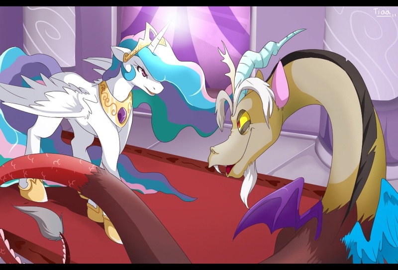 Size: 1002x680 | Tagged: safe, artist:mr-tiaa, derpibooru import, discord, princess celestia, alicorn, pony, angry, duo, female, floppy ears, mare