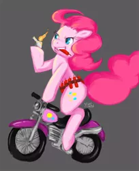 Size: 700x859 | Tagged: safe, artist:diasfox, derpibooru import, pinkie pie, earth pony, pony, dynamite, female, fire, lighter, mare, motorcycle, mouth hold, pyro, pyropinkie, riding, simple background, solo, this will end in tears