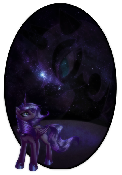 Size: 563x806 | Tagged: safe, artist:rizcifra, derpibooru import, nightmare moon, princess luna, alicorn, pony, female, looking back, mare, night, s1 luna, stars