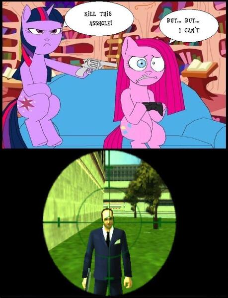 Size: 655x856 | Tagged: source needed, safe, artist:terry, derpibooru import, pinkie pie, twilight sparkle, earth pony, pony, unicorn, businessman, crossover, duo, female, golden oaks library, grand theft auto, gta liberty city stories, gun, mare, meme, pinkamena diane pie, revolver, tree, trio, unicorn twilight, vulgar