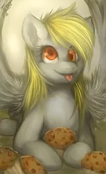 Size: 406x665 | Tagged: safe, artist:mr-tiaa, derpibooru import, derpy hooves, pegasus, pony, female, happy, mare, muffin, prone, solo, spread wings, tongue out, wings