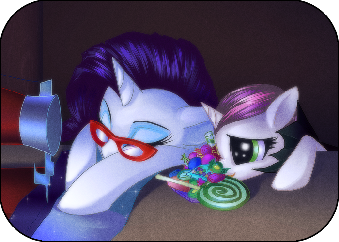 Size: 700x500 | Tagged: dead source, safe, artist:rizcifra, derpibooru import, rarity, sweetie belle, pony, unicorn, candy, clothes, costume, duo, fabric, female, filly, glasses, lollipop, mare, nightmare night, nightmare night costume, rarity's glasses, sewing machine, siblings, sisters, sleeping