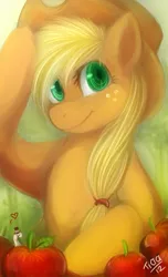 Size: 405x665 | Tagged: safe, artist:mr-tiaa, derpibooru import, applejack, earth pony, pony, worm, apple, female, hat, heart, looking at you, mare, monocle, smiling, solo, top hat