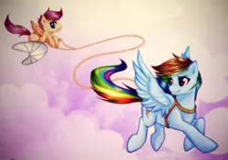 Size: 1000x704 | Tagged: safe, artist:rizcifra, derpibooru import, rainbow dash, scootaloo, pegasus, pony, female, filly, flying, harness, mare, rope, scootaloo can't fly, scootalove, sky, tack, talespin, trapeze
