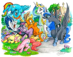 Size: 900x703 | Tagged: safe, artist:andypriceart, derpibooru import, applejack, fluttershy, pinkie pie, princess celestia, princess luna, rainbow dash, rarity, spike, twilight sparkle, alicorn, dragon, earth pony, pegasus, pony, unicorn, blanket, crying, faic, female, gritted teeth, lip bite, male, mane seven, mane six, mare, open mouth, princess, scared, sitting, spread wings, surprised, traditional art, traditional royal canterlot voice, underhoof, windswept mane, windy, wink, yelling