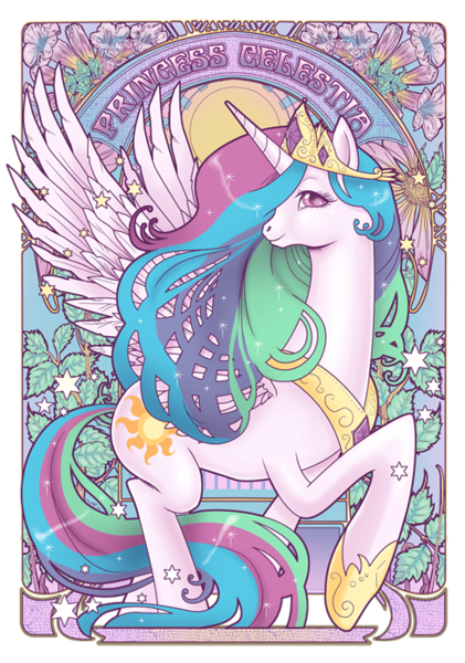 Size: 491x700 | Tagged: dead source, safe, artist:hezaa, derpibooru import, princess celestia, alicorn, pony, female, flower, looking at you, mare, modern art, nouveau, profile, solo